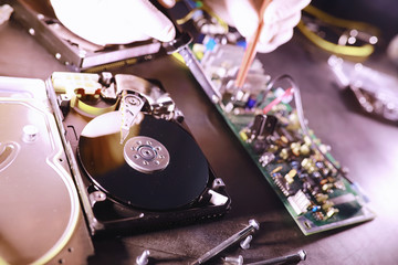 Computer equipment. Repair of PC components. Hard drive for restoration in the workshop. Winchester virus recovery.