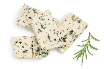 Blue cheese slices with rosemary isolated on white background with clipping path and full depth of field. Top view. Flat lay.