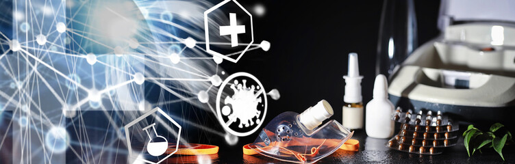 Inhalation with nebulizer at home. Asthma inhaler inhalation nebulizer steam sick cough concept flu and asthma bronchitis virus healing.