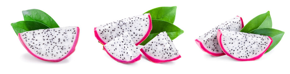 Ripe Dragon fruit, Pitaya or Pitahaya isolated on white background, fruit healthy concept. Set or collection