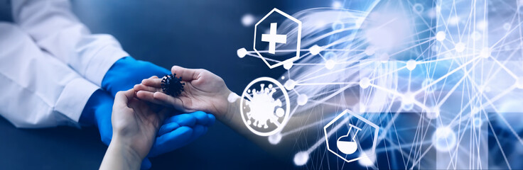 Medical concept. The doctor in gloves holds the patient's hand. The moral help of the doctor to his...