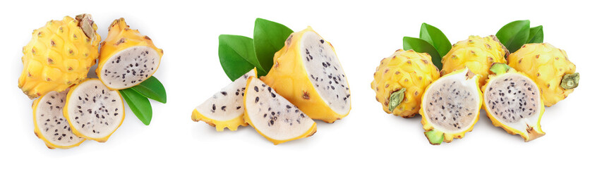 Ripe Dragon fruit, Pitaya or Pitahaya yellow isolated on white background, fruit healthy concept. Set or collection