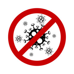 Coronavirus Covid 19. Corona virus icon. black virus with red prohibit sign on white background isolated. Vector