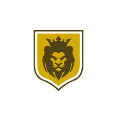 Obraz premium Elegant lion shield logo design illustration isolated on white background. Lion shield luxury logo icon
