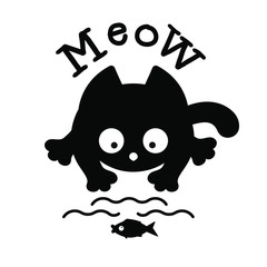 Meow. Funny black kitten catches fish. Simple style for design, postcards, covers, prints, clothing, and more. Vector image isolated on a white background.