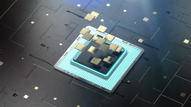 Quantum computer technology concept with 3d rendering cpu chips on board 