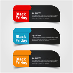 Black Friday up to 30%, 50%, 70%. Banner Design for the sale with red, blue, and yellow colors. Vector illustration. Set of elements of three abstract style on gray background.Elements of infographics