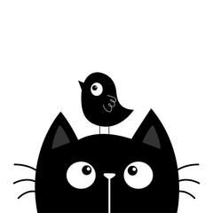 Black kitten cat head face looking at funny bird. Kawaii baby pet animal. Cute cartoon character. Scandinavian style. Notebook cover, tshirt, greeting card print. Flat design. White background.