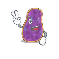 Happy shigella sp. bacteria cartoon design concept with two fingers