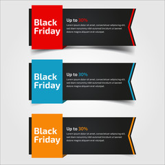 Black Friday up to 30%, 50%, 70%. Banner Design for the sale with red, blue, and yellow colors. Vector illustration. Set of elements of three abstract style on gray background.Elements of infographics