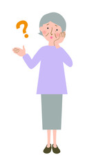 頬に手を当てて疑問に思うおばあちゃんの全身ベクターイラスト