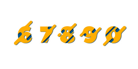 Hand drawn numbers set with external detail elements in paper cut style. Set of bright cartoonish volumetric numbers in yellow-blue tones for  design of calendars and typography. Numbers 6-0