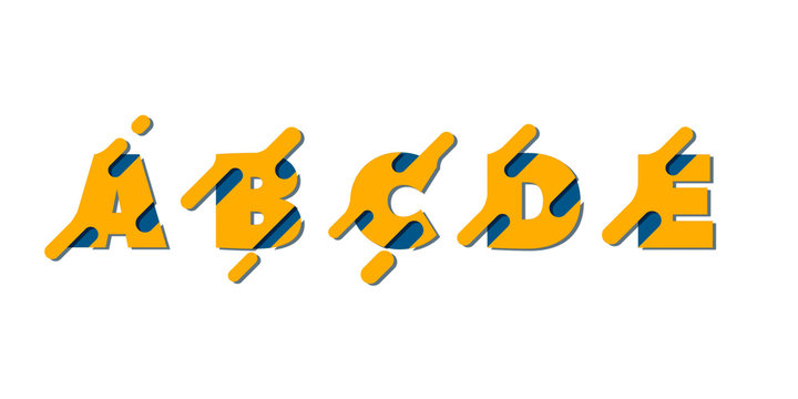 Set of alphabetical letters with external detail elements in the paper cut style. ABC set of bright cartoonish volumetric letters in yellow-blue gamma for lettering. Letters A-E.
