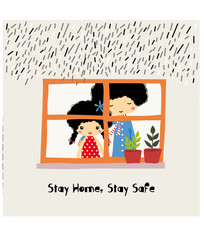 Stay home mother and kid illustration vector
