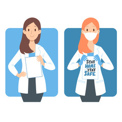 Сartoon female doctors in white coat and protective mask with a message in hands. Flat vector illustration set for banner, poster, web, print. Stay home, coronavirus Covid-19 awareness concept. 