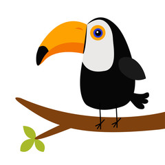 Cute toucan Toco on the tree brunch. Big yellow beak icon. Beautiful Exotic tropical bird. Zoo baby animal collection. Cartoon kawaii baby character. Flat design. White background. Isolated