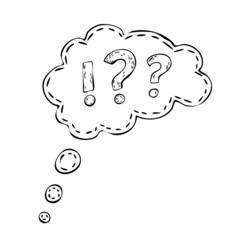 Text cloud with exclamation marks and question marks. Doodle elements. The concept of a conversation, correspondence, message.