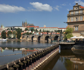 Panorama of the Vltava River and Charles Bridge in Prague. View from the waterfront. A nice summer day.