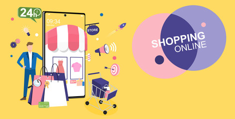 People stand near mobile shopping online. Shopping bag is near mobile. Shopping online concept for flat design, online trading for web page, website, template and background, vector illustration about