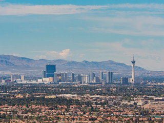 High angle view of the Las Vegas strip skyline and cityscape