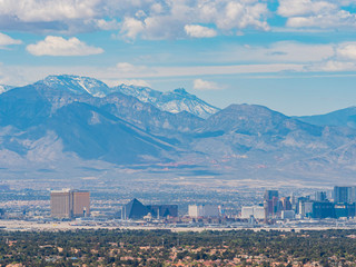 High angle view of the Las Vegas strip skyline and cityscape