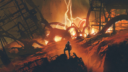 the man in space suit standing on foundry ruin looking at tentacle aliens, digital art style, illustration painting © grandfailure