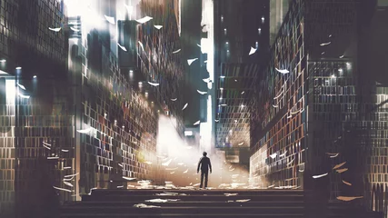 Foto auf Acrylglas Großer Misserfolg Mann, der in einer mysteriösen Bibliothek steht, digitaler Kunststil, Illustrationsmalerei