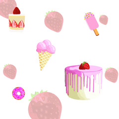 Cake dessert pattern set with a pastel background. sweet summer, Tasty colorful dessert set for summer decorative, donut, ice cream, strawberry flavor, web design, or print. Vector Illustration.