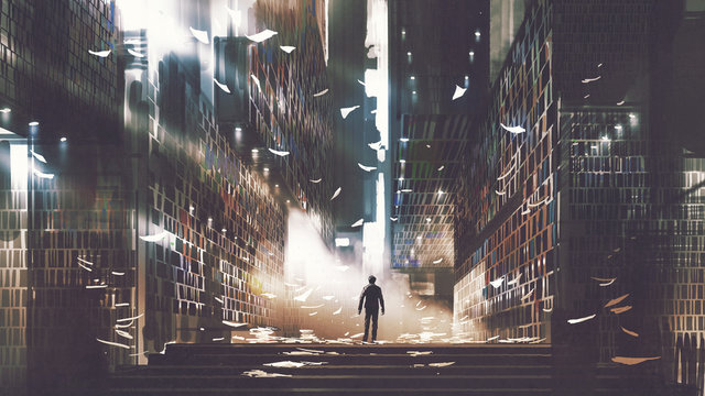 Fototapeta man standing in a mysterious library, digital art style, illustration painting