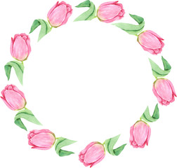 Watercolor pink tulips, leaves, willow, wreath. Spring flower.