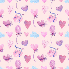Watercolor seamless pattern with love, hearts,clouds. Perfect for wrapping paper, card making for Valentines day