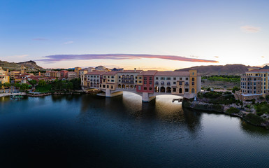 Aerial sunset view of the Lake Las Vegas Resort