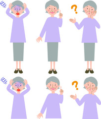 頭を抱えて青ざめる,人差し指で上を指し示す,疑問に思うおばあちゃんのベクターイラスト