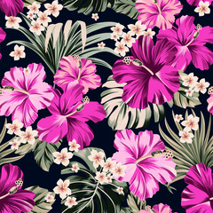 seamless pattern Exotic hawaiian tropical flowers on black background  artwork for fabrics, souvenirs, packaging, greeting cards and scrapbooking