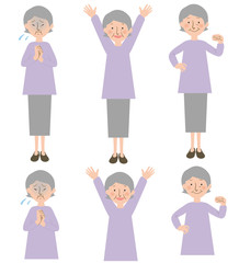 青ざめている,バンザイで喜ぶ,ガッツポーズをするおばあちゃんの上半身と全身のベクターイラスト