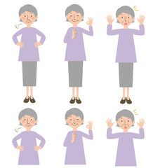 ため息,オッケーサイン,驚きの表情のおばあちゃんの上半身と全身のベクターイラスト