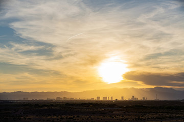Sunset view of the beautiful strip skyline with red clouds