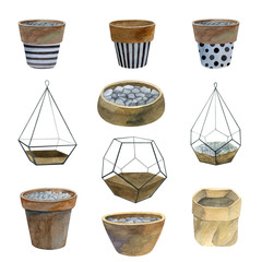 Set of watercolor decorative ceramic, textile and wicker basket flower pots. Hand painted house planter collection elements isolated on white background 