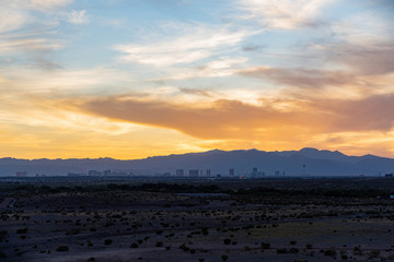 Sunset view of the beautiful strip skyline with red clouds
