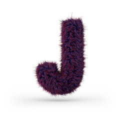 Capital letter J. Uppercase. Purple fluffy and furry font. 3D