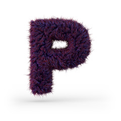 Capital letter P. Uppercase. Purple fluffy and furry font. 3D