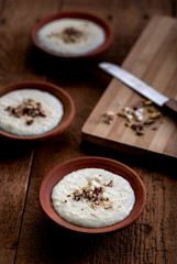 Phirni, a traditional and delicious indian style milk and rice based creamy dessert, served in clay pot