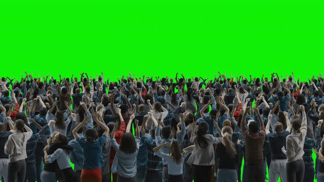 Green Screen: Crowd of People Having Fun, Cheering, Applauding, Celebrating at Sport Event, Concert, Festival, Party. Back View. Chroma Key, Black Screen, Silhouette White People on Black Background