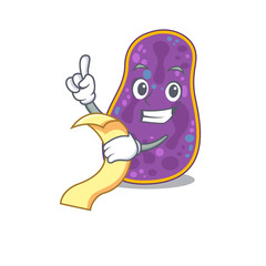 Shigella sp. bacteria mascot character design with a menu on his hand