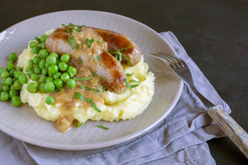 English sausages with mashed potatoes and gravy.