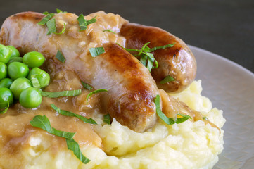 English sausages with mashed potatoes and gravy.
