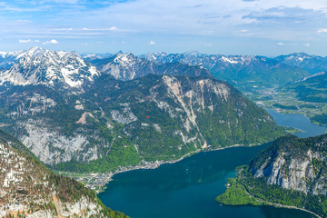 Fototapeta na wymiar View of the Alps and Hallstatter Lake from the top of Krippenstein, Dachstein, Austria.