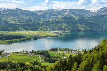 Fototapeta na wymiar Panoramic view of Lake St. Wolfgang and the Alps in Austria.