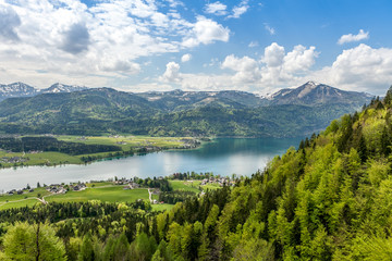 Panoramic view of Lake St. Wolfgang and the Alps in Austria.