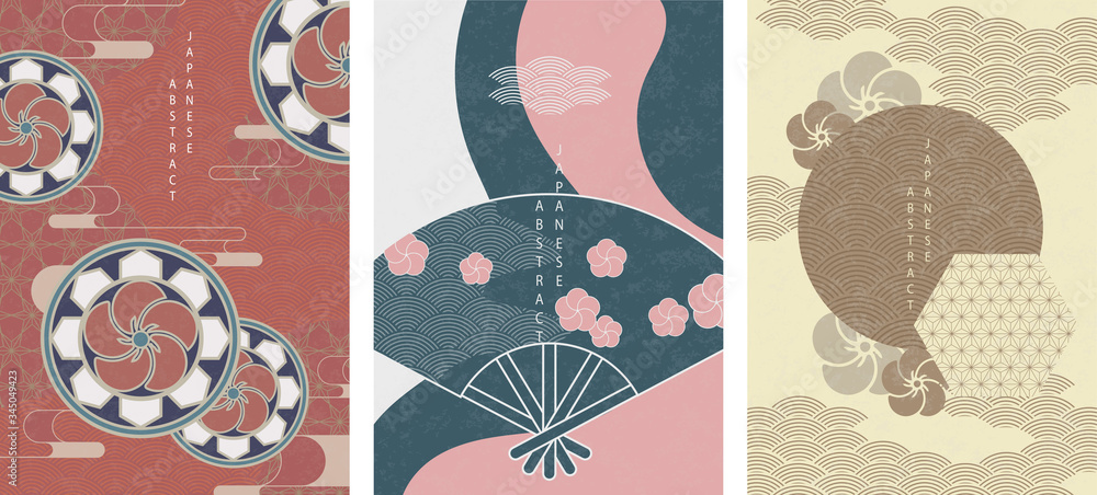 Wall mural oriental japanese style abstract pattern background design geometry wave move flower and folding fan